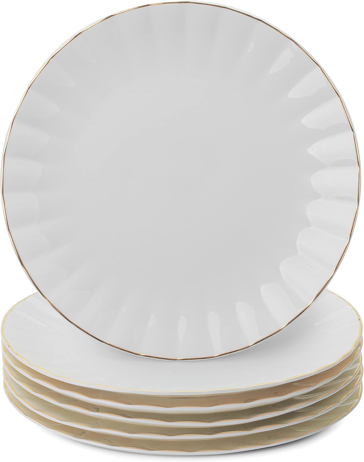 Porcelain Dinner Plates with Gold Trim,10 5 inch, Set of 6, White Dinner Plates Bulk, White Plate Set