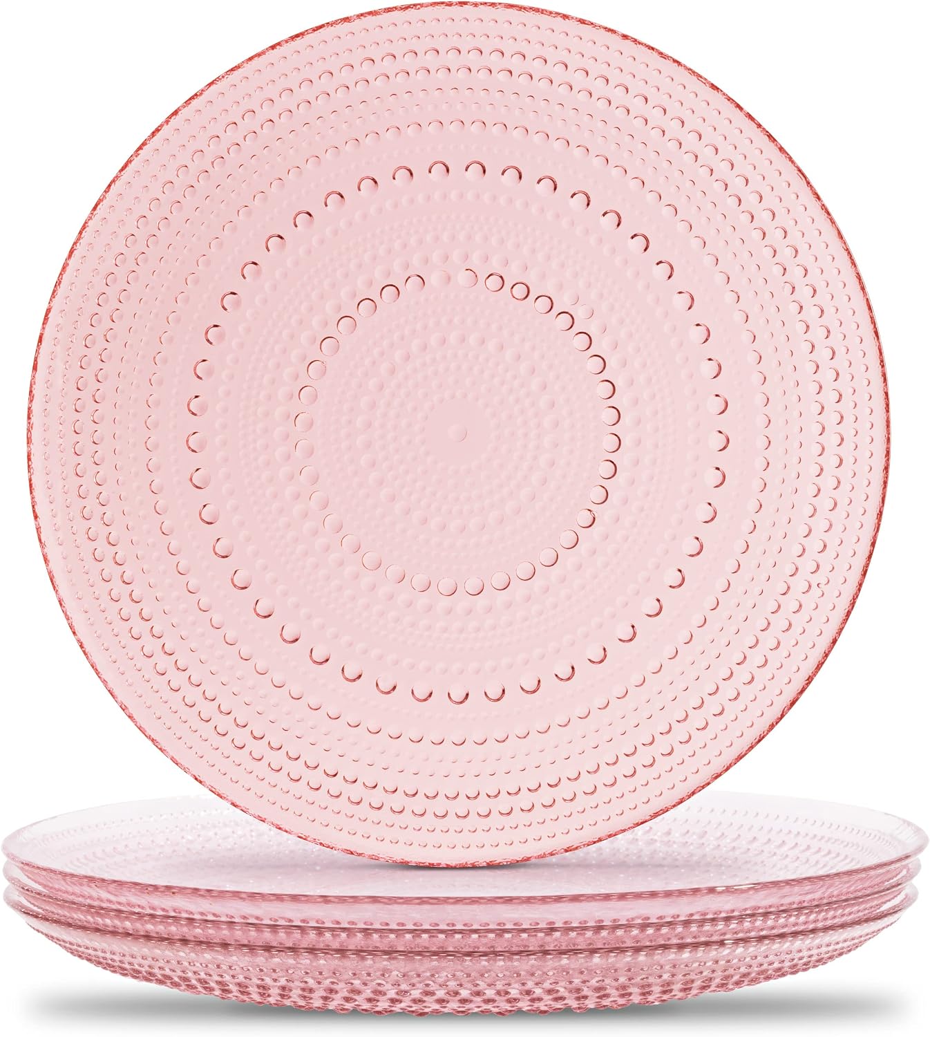 Pink Hobnail Plates, Set of 4 Glass Vintage 10 5” Dinner Plates that are Dishwasher Safe